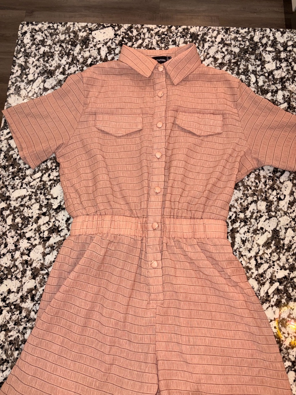 PrettyLittleThing Peachy Rose Ribbed Collared Button Up Romper Jumpsuit